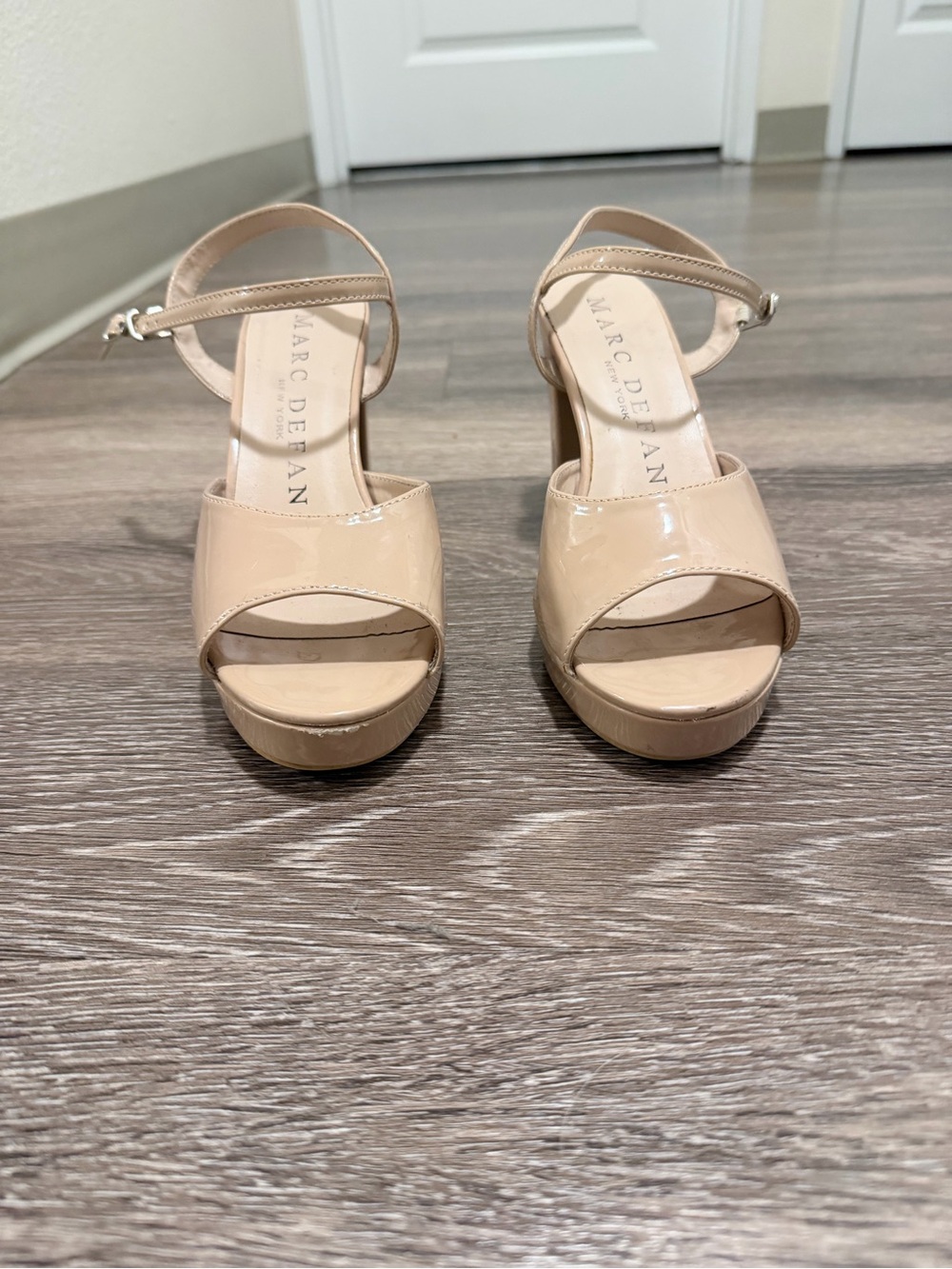 Marc Defang Nude Patent Platform Heel with Ankle Strap size 8